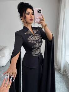 SHEIN Elenzya Middle Eastern Elegant Women's Black Placement Print 2-Piece Set, Chinese Style Outfit With Super Long Slit Flared Sleeves, Symmetrical Gold Foil Print On Front Bodice And Maxi Skirt, Casual Elegant Vacation Party Outfit, Middle Eastern Festival Wear Elegant Woman Clothing Dress With Cape Dress Elegant Two Piece Abaya Modest Formal Dress - Black - View 6