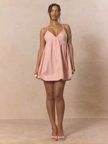 MUSERA Strappy Triangle Bust Plunge Baby Doll Mini Dress Cute Spring Holiday Girly Sugar Salt - Coral Pink - View 5