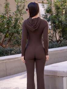 Andrea Bello 2 件套女式休闲连帽运动衫，带口袋和罗纹喇叭裤套装，适合日常穿着，秋冬 - 巧克力棕 - 查看 2