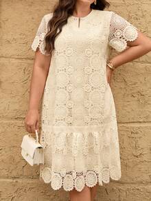Reflora Plus Size Casual Solid Color Lace Dress - Apricot - View 5