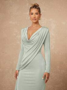 Lumalex 女士优雅垂褶领口修身鱼尾裙摆连衣裙 - 綠色 - 查看 6