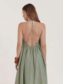 SURIMA Women Spaghetti Strap Maxi Dress Vacation Dress Solid Color Long Dress - Green - View 6