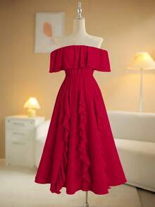 Ellevyn Plus Size Women's Elegant Red Satin Flowing Dress,Off-Shoulder Ruffle Patchwork Summer Party Outfits,Suitable For Weddings,Formal Occasions & Carnival - Red - View 9