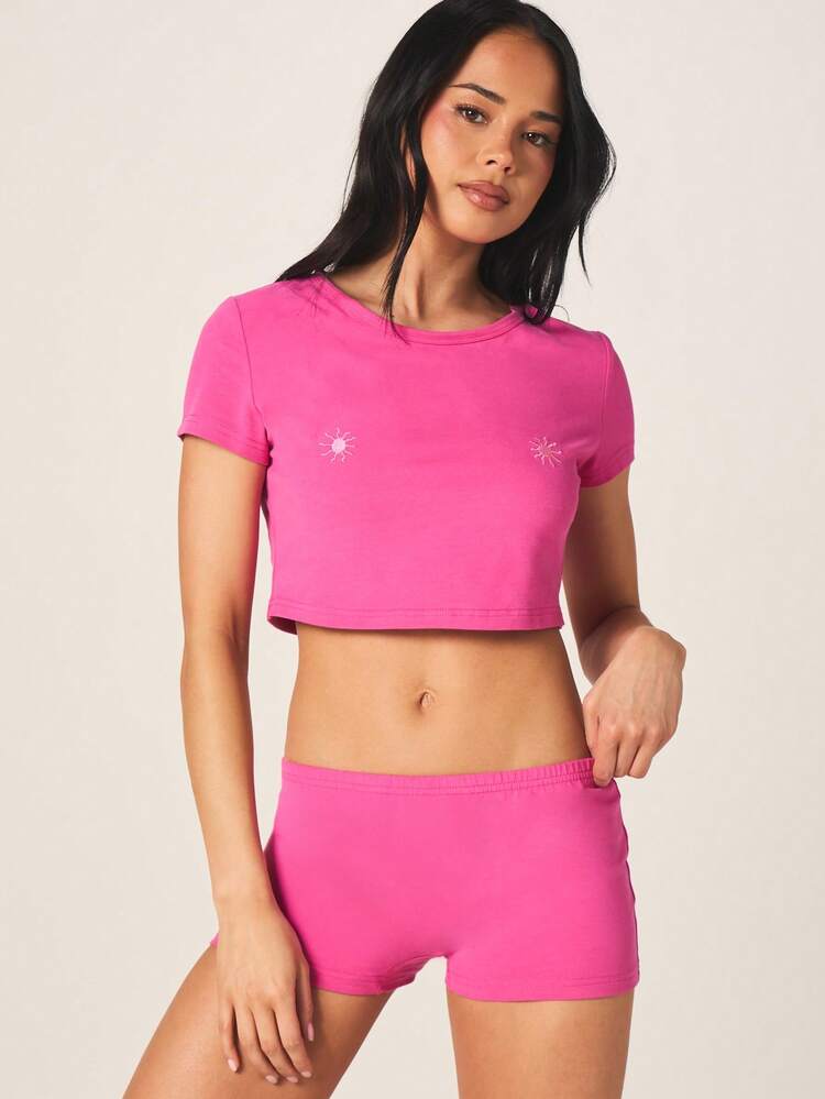 MISSGUIDED Women Cropped Tee Hotpant Nightwear Set Cute Sun Embroidered Short Sleeve Loungewear Summer Sleepwear Matching Pajama Set