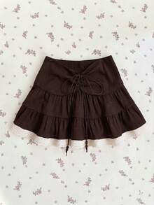 Sweetra 时尚优雅甜美少女风美拉德棕色系带串珠腰A字裙摆蕾丝点缀法式春夏新款女裙 - 棕色 - 查看 1