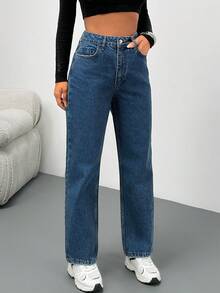 Rafferiza Vintage Casual High Waist Tapered Denim Jean - أزرق متوسط - مشاهدة 3