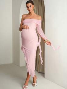MaterniChic Maternity Clothes Maternity  Dress Summer Pregnant Clothes Pink Maternity Dress Highly Elastic Elegant Irregular Hem, Ribbons - Apricot - View 3