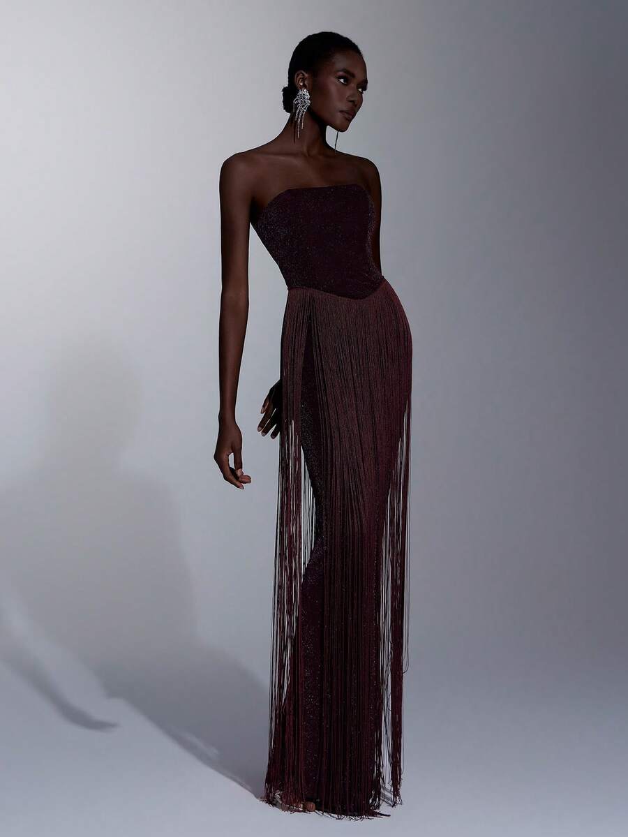 Elitara Đầm dạ hội dáng đuôi cá thanh lịch, lãng mạn, không dây vai, đính sequin và tua rua, thích hợp cho các lễ hội, đám cưới, dạ tiệc, hòa nhạc, sự kiện kinh doanh, và các dịp dành cho người nổi tiếng trên mạng xã hội. - Màu Đỏ Sâu - Xem 1