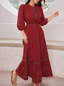 Mulvari Women's Embroidered Round Neck Lantern Sleeve Elegant Dress - Burgundy - View 3