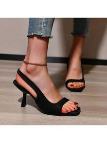 Arave 女士方头系带露趾凉鞋，新款缎面优雅高跟鞋 - 黑色 - 查看 2