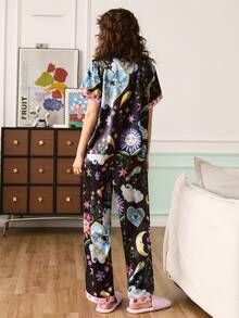 Young Energetic Interesting Floral, Face, Heart, Eye, Moon, Star, Cloud Handpainted Pattern Lapel Cardigan Women Pajama Set - Multicolor - View 2