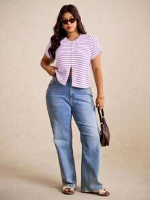 Elaquor Áo thun nữ cỡ lớn kẻ sọc cổ tròn tay ngắn phong cách thường ngày đa năng - Màu tím - Xem 7