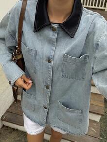 DAZY Casual Loose Women's Denim Jacket With Large Pockets And Collar - Blue - View 7
