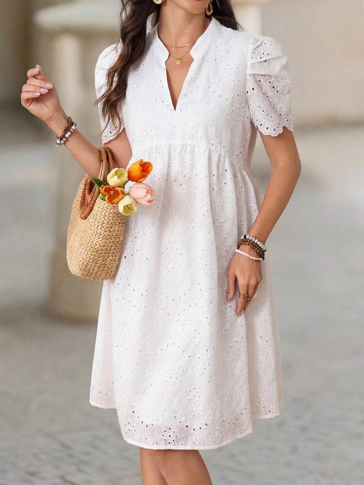 White V Neck Eyelet Embroidery Puff Sleeve Loose Babydoll Dress Elegant Casual Summer Beach Vacation Outfit White Dress White Top Summer Dress Summer Outfits Summer Outfits For Women Casual Dresses For Women Elegant Dresses For Women Beach Dress Beach Outfit Beach Outfits For Women Vacation Dresses Vacation Outfits For Women Summer Clothes,Summer Holiday Outfits,Graduation Outfit For Mother,Summer Outfits For Women