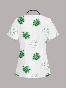 TaskEZ Women's Clover Print V-Neck Casual Everyday Scrub Uniform Top - Multicolor - View 2
