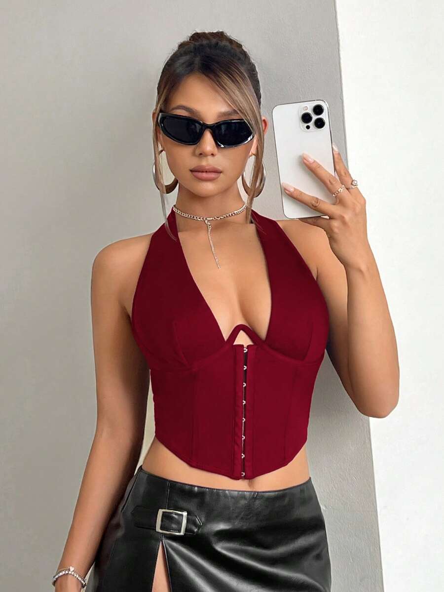 SHEIN ICON Women's Fashionable Sexy Solid Color Halter Backless Camisole - Burgundy - View 1