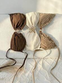 GlowEve Spring/Summer Women Bikini Top, Textured Bandeau Top, Multi-Piece Set For Beach Vacation, Brown Textured Fabric Triangle Cup Tie-Up Bandeau Top, Apricot Textured Fabric Star Metal Design Bandeau Top, Dark Brown Textured Fabric Metal Buckle Design Bandeau Top - Multicolor - View 3