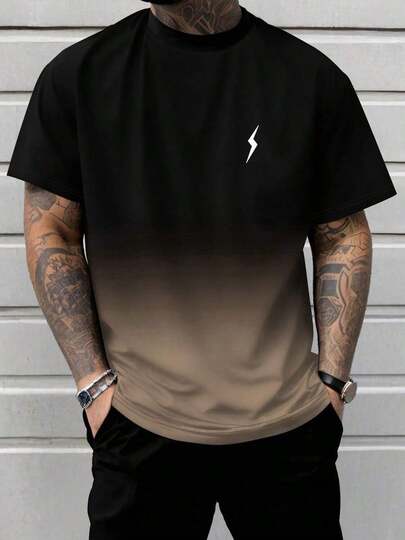 Camiseta de manga corta con estampado de relámpago degradado para hombres, moda de verano