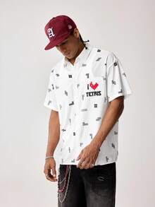 Tetris™ X SHEIN Men's Geometric Pattern Short Sleeve Single-Breasted Casual Pocket Shirt, - White - View 7
