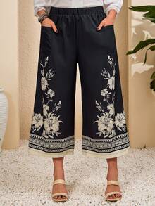 EMERY ROSE Plus Size Women Floral Print Elastic Waist Cropped Pants, Casual Holiday,Going Out,Spring Clothes,Beach Shorts,Vacation Outfits Women Wide Leg Capri Pants Boho Pants For Women Wide Leg Summer Pants, Summer Outfits, Spring Clothes Women,Blue Top,Vacation Outfits Women Floral Pants For Women Print Pants Floral Print Pants Bohemian Pants Women Wide Leg Pant Wide Leg Pants Woman High Waist Women S Summer Pants - Multicolor - View 1