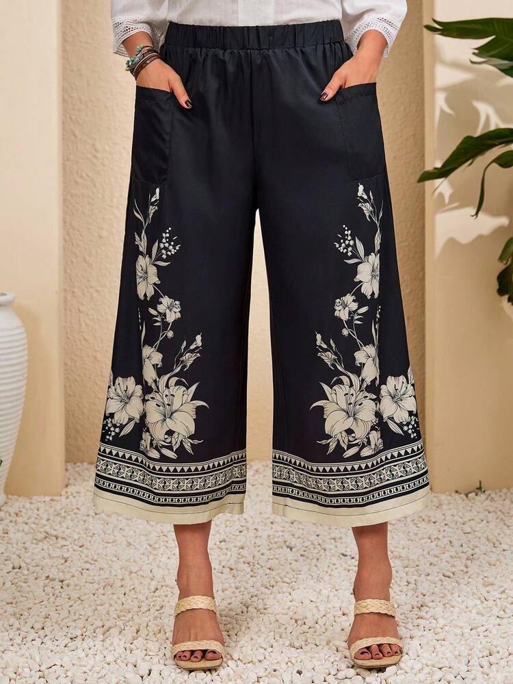 Plus Size Women Floral Print Elastic Waist Cropped Pants, Casual Holiday,Going Out,Spring Clothes,Beach Shorts,Vacation Outfits Women Wide Leg Capri Pants Boho Pants For Women Wide Leg Summer Pants, Summer Outfits, Spring Clothes Women,Blue Top,Vacation Outfits Women Floral Pants For Women Print Pants Floral Print Pants Bohemian Pants Women Wide Leg Pant Wide Leg Pants Woman High Waist Women S Summer Pants