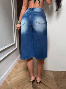 StreetHx 女士时尚休闲百搭街头刺绣七分牛仔裤 - 深色水洗藍 - 查看 2