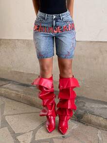 StreetHx Fashionable Casual Street Style Letter Print Low Waist Wide Leg Denim Shorts - Medium Wash - View 5