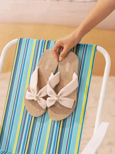 Swim Mod Fashion Outdoor Flat Sandals With Jewelry Decoration, Flax Texture And Thick Bottom Beach Shoes