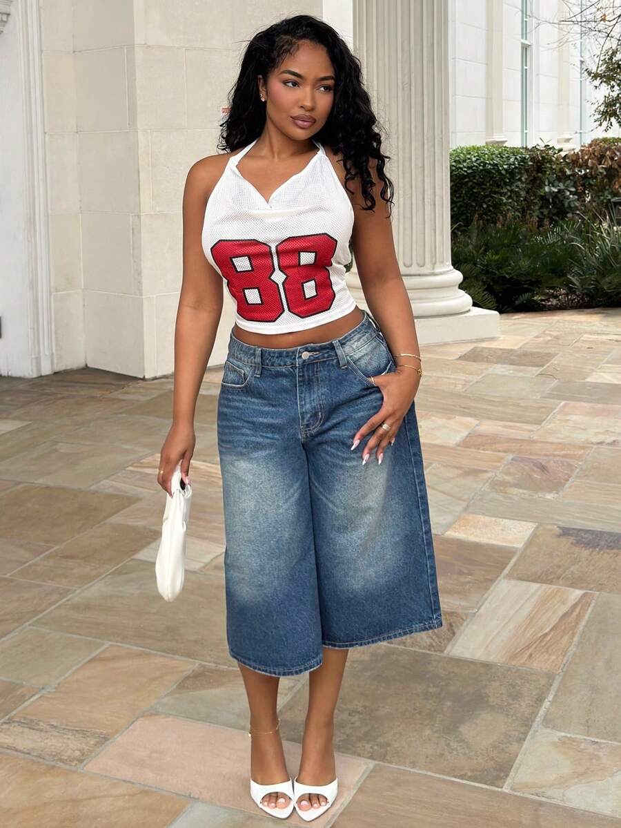 Alexandranx Women's Blue Denim Cropped Pants Low Waist Bermuda Casual French Style Autumn And Winter Wear - Medium Wash - View 1