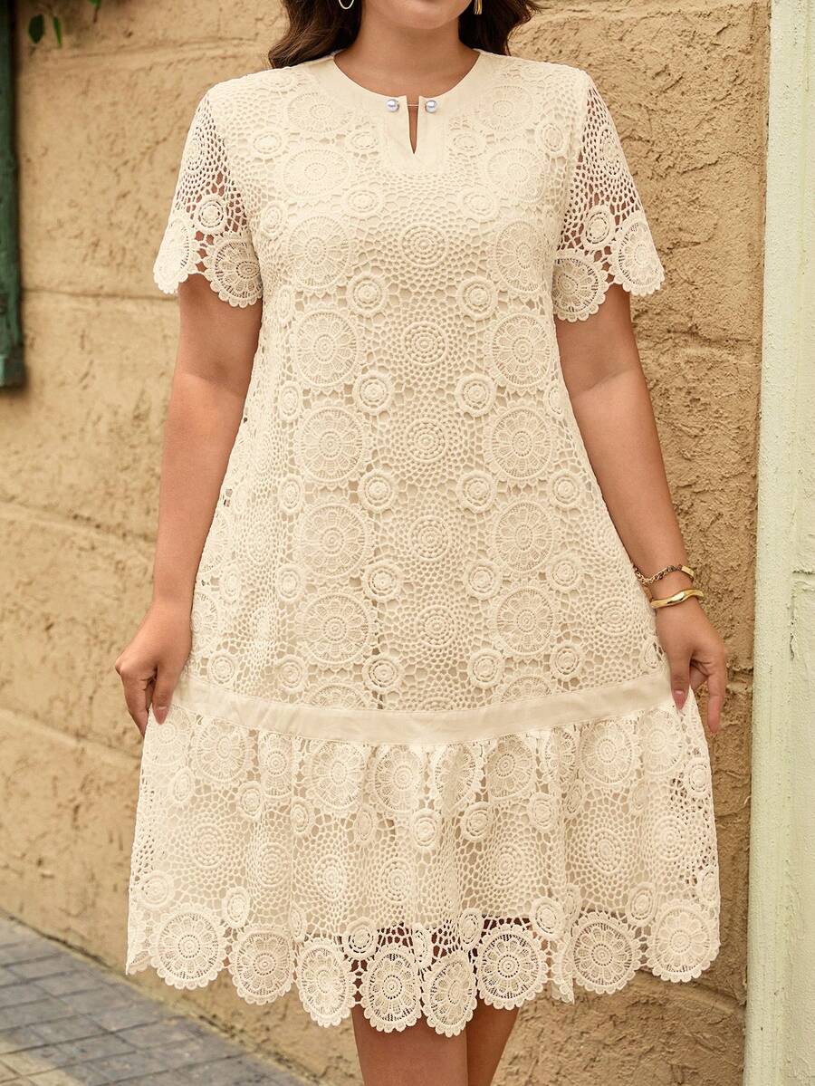 Reflora Plus Size Casual Solid Color Lace Dress - Apricot - View 1