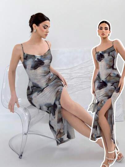 Aloruh Vestido elegante con cuello drapeado plisado, estampado de teñido anudado, tirantes tipo espagueti, silueta ajustada, apropiado para festival de música, cita, fiesta de cóctel, salida, vacaciones, primavera/verano 2024