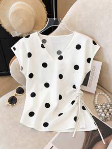 Franclia 女士新款波点V领宽松侧褶皱休闲衬衫，适合外出、度假、日常穿着、通勤、节日和约会，春夏款 - 黑與白 - 查看 1