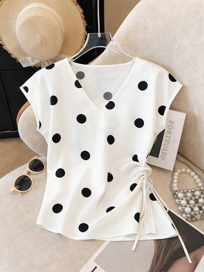 Franclia 女士新款波点V领宽松侧褶皱休闲衬衫，适合外出、度假、日常穿着、通勤、节日和约会，春夏款
