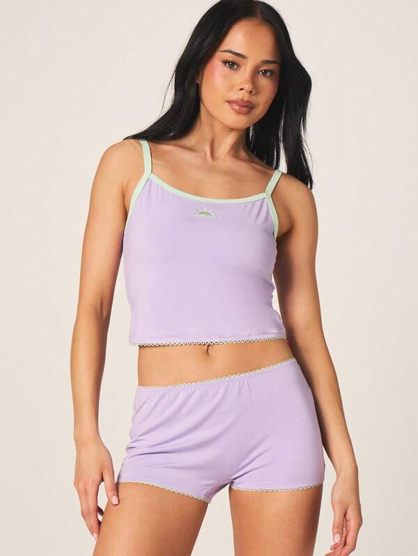 MISSGUIDED Cropped Cami And Hotpant Nightwear Set With Embroidery Detail Lavender Purple Mint Trim Pajama Sleepwear Two Piece Loungewear