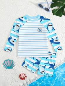 New Fashion Young Boy2 Pieces Swimsuit Set, Long Sleeve Top And Shorts, Digital Print Design - Multicolor - View 3