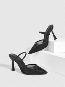 CUCCOO SZL New Autumn Lace-Up Mesh Pointed Toe High Heel Sandals - Black - View 2