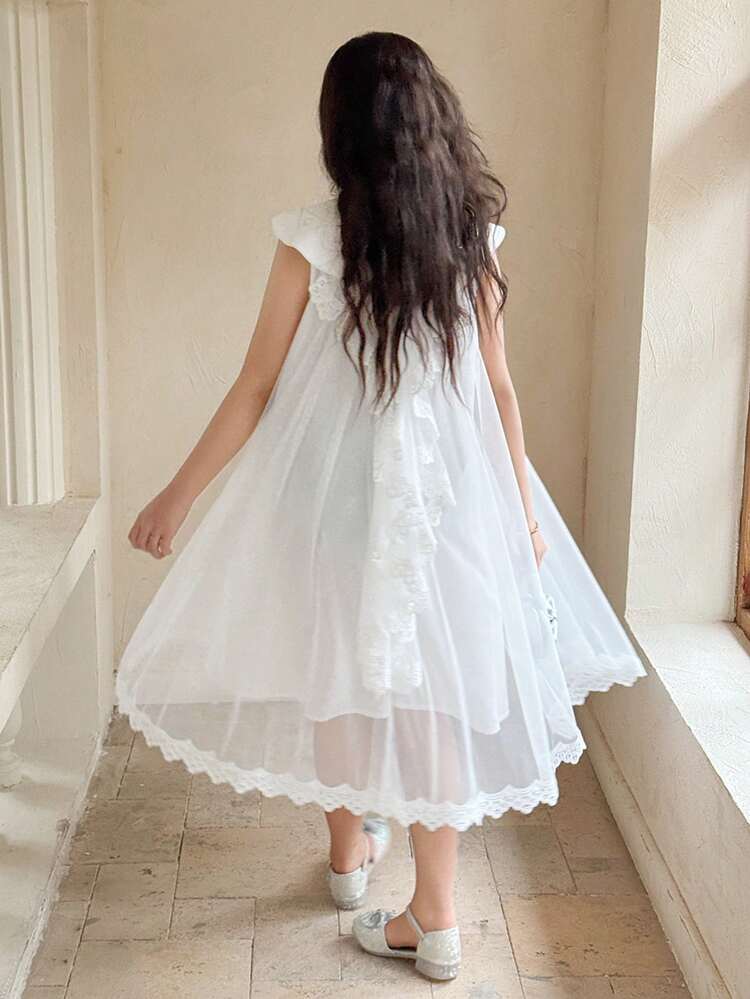 Tween Girls' Elegant Lace Trim Mesh Summer Dress