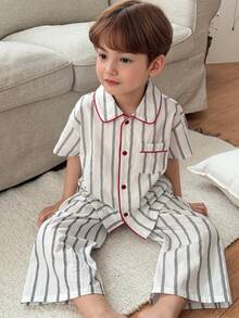 Dazy Kids Young Boy Striped Mandarin Collar Short Sleeve Single-Breasted Top And Pants Pajama Set - White - View 1