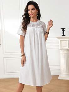 Miaspire Women's Contrast Lace Round Neck Short Sleeve Midi Dress - White - View 3