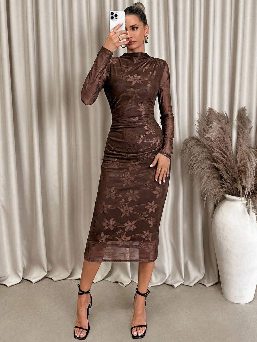 Lavishia Đầm ôm sát in họa tiết trừu tượng thời trang nữ - Cà phê - Xem 1