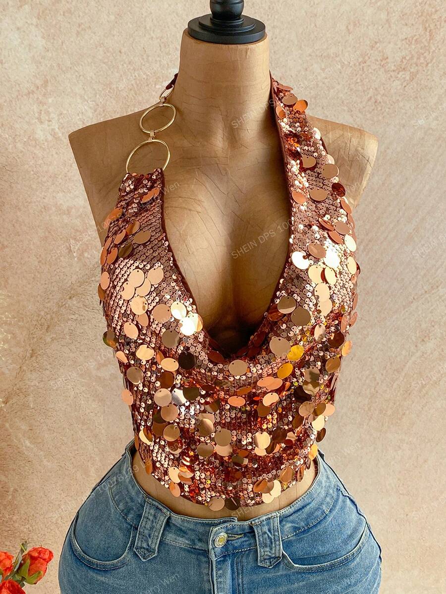 Soleia 女士圆领无袖时尚装饰环修身短款上衣 - 棕色 - 查看 1