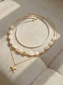 Resyla 3 件波西米亚海洋风格美人鱼贝壳和仿绿松石海星吊坠串珠项链套装，适合女性日常和海滩度假装 - 米色 - 查看 3