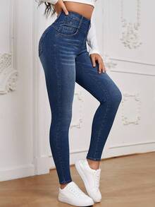 EMERY ROSE High Waist Button Fly Skinny Jeans - Dark Wash - View 5