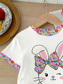 SHEIN 2pcs/Set Baby Girl Cute White Summer Clothes,Cartoon Rabbit Print Round Neck Short Sleeve T-Shirt And Shorts Set,Family Matching Toddler Easter Outfit - Multicolor - View 4