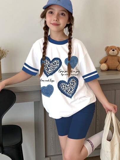 2pcs/Set, Tween Girl Casual Minimalist Leopard Print Heart Design, School Style, Vacation Style, Short Sleeve T-Shirt And Shorts Set, Suitable For Summer