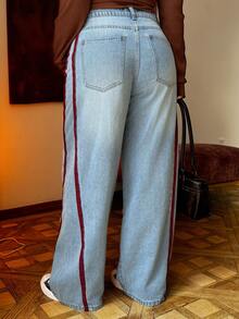 Dazy Plus Light Wash Blue Contrast Tape Patchwork Loose Wide Leg Jeans, Street Style, All Season - Light Wash - View 2