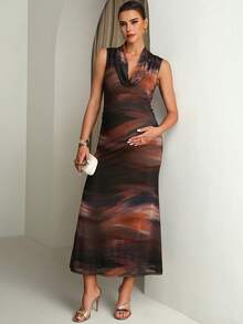 MaterniChic Maternity Tie-Dye Print Scoop Neck Sleeveless Elegant Dress - Multicolor - View 3