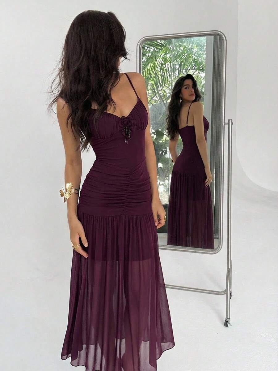 Aloruh 紫红色吊带网纱针织连衣裙，性感度假/约会浪漫连衣裙