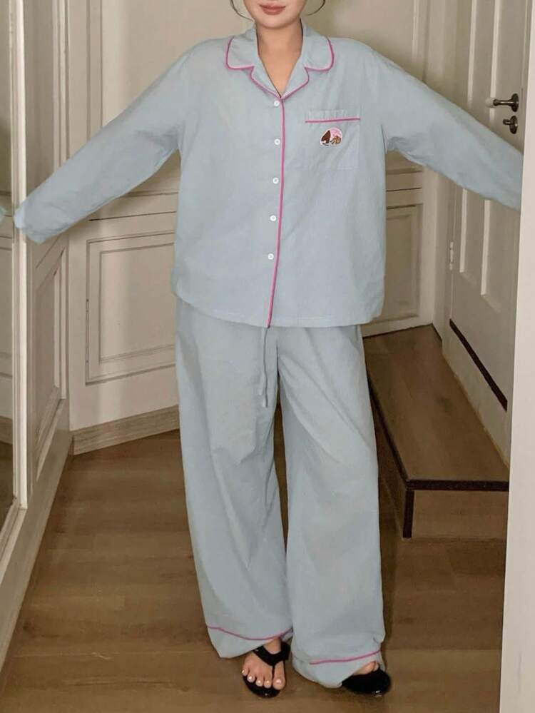 Dazy Plus Plus Size Women Casual Cartoon Patch Pocket Pajama Set, Turndown Collar Long Sleeve Shirt And Straight Leg Pants, Spring/Autumn Sleepwear