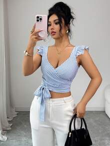 Elenzga Elegant Summer Shirt With Woven Stripes For Women Seksi Chic - Blue and White - View 7